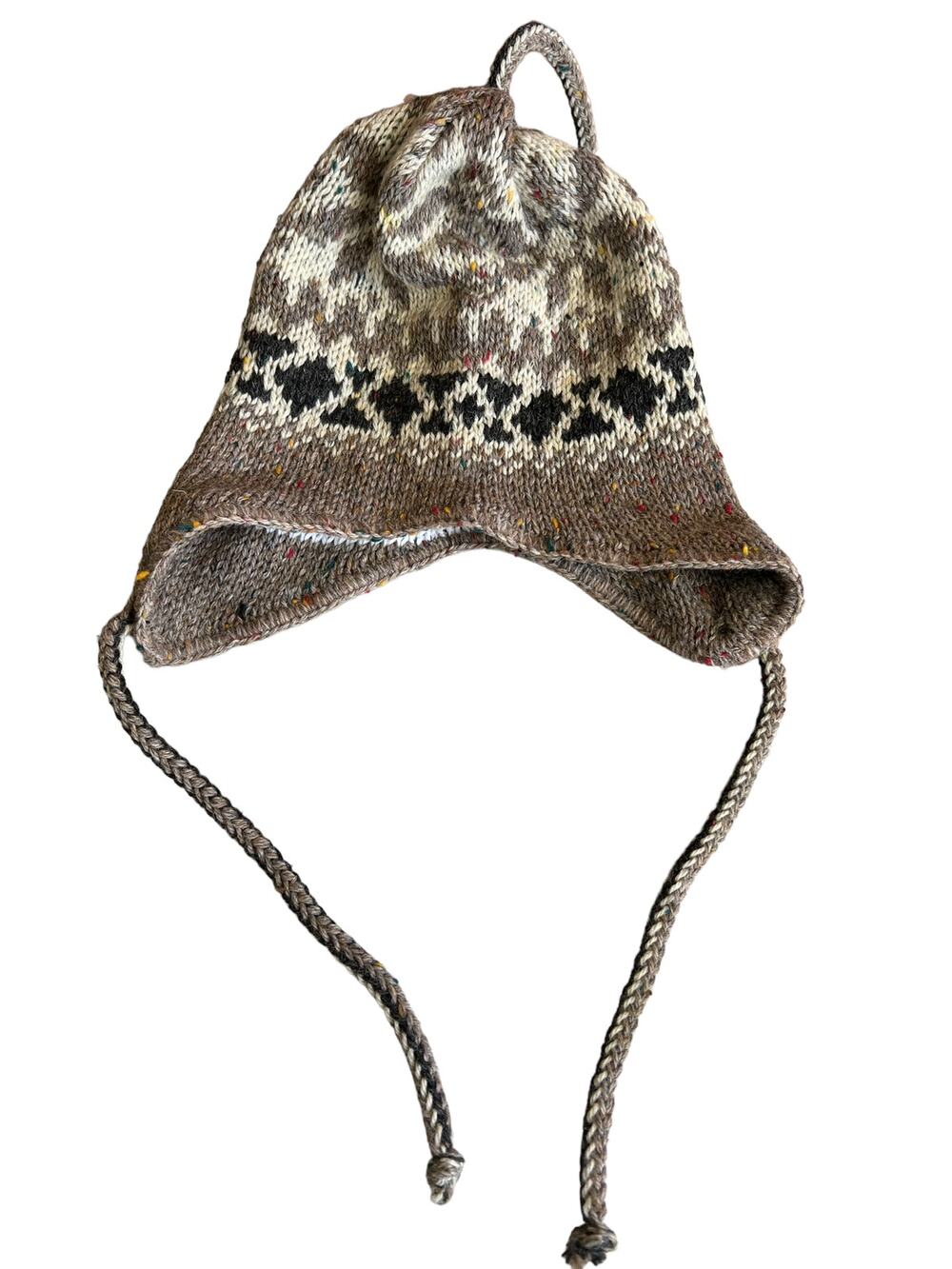 Patterned Vintage Wool knit hat with ear flaps oatmeal blue